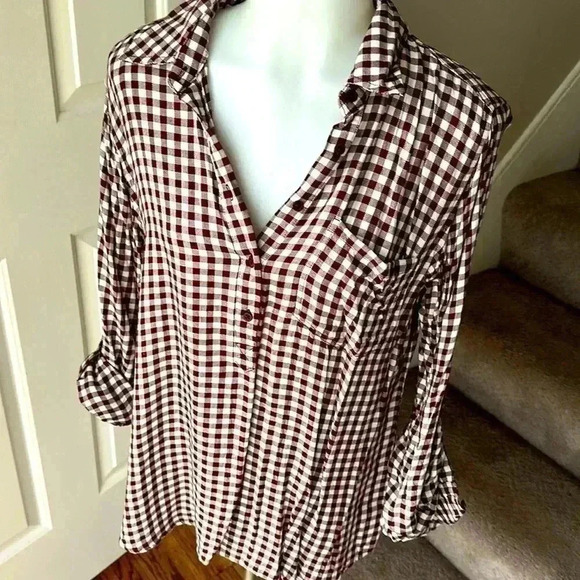 Size M Cosmic Blue Love burnt red checker down blouse - Picture 1 of 7